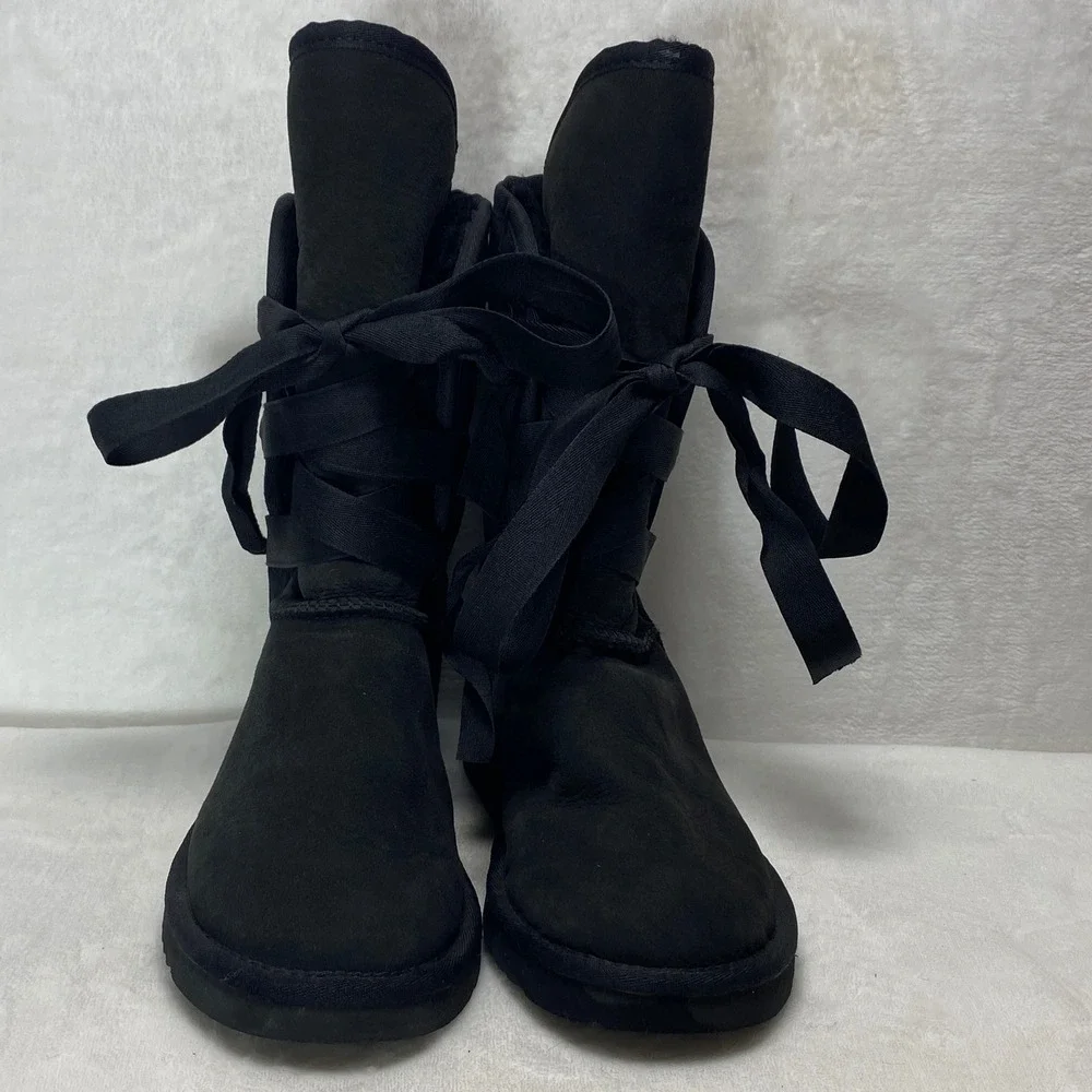 UGG Australia Black‎ Suede Sheepskin Boots Sherpa Lace Up Women Size 7